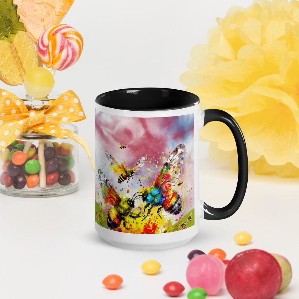 Premium White Ceramic -   Watercolor Bees & Butterflies Mug - Black Interior Ceramic Nature Mug -15-oz-right