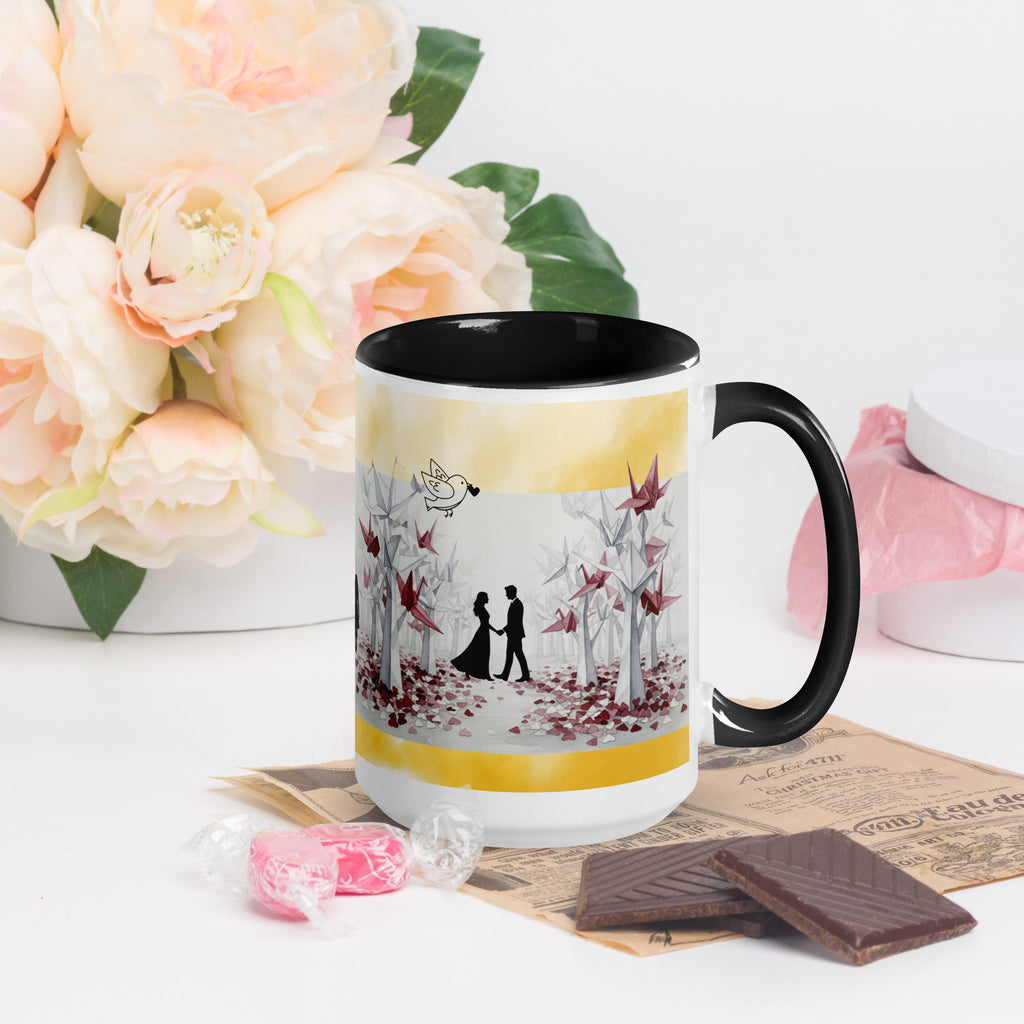 Premium White Ceramic - Romantic Origami Cranes Mug - Black Interior Love Mug - 15-oz-right