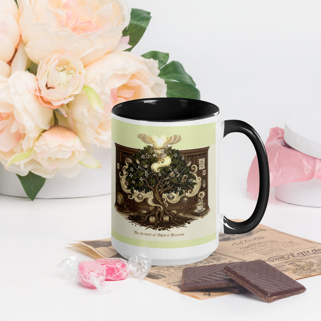 Premium white ceramic - Alchemy of Brew & Blossom Mug with black inside - 15 oz - right