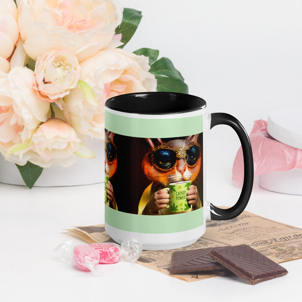 Premium White Ceramic - Cool Rex Cat Catnip Mug - Cat with Catnip Power Mug -Black Inside- 15 oz - right view