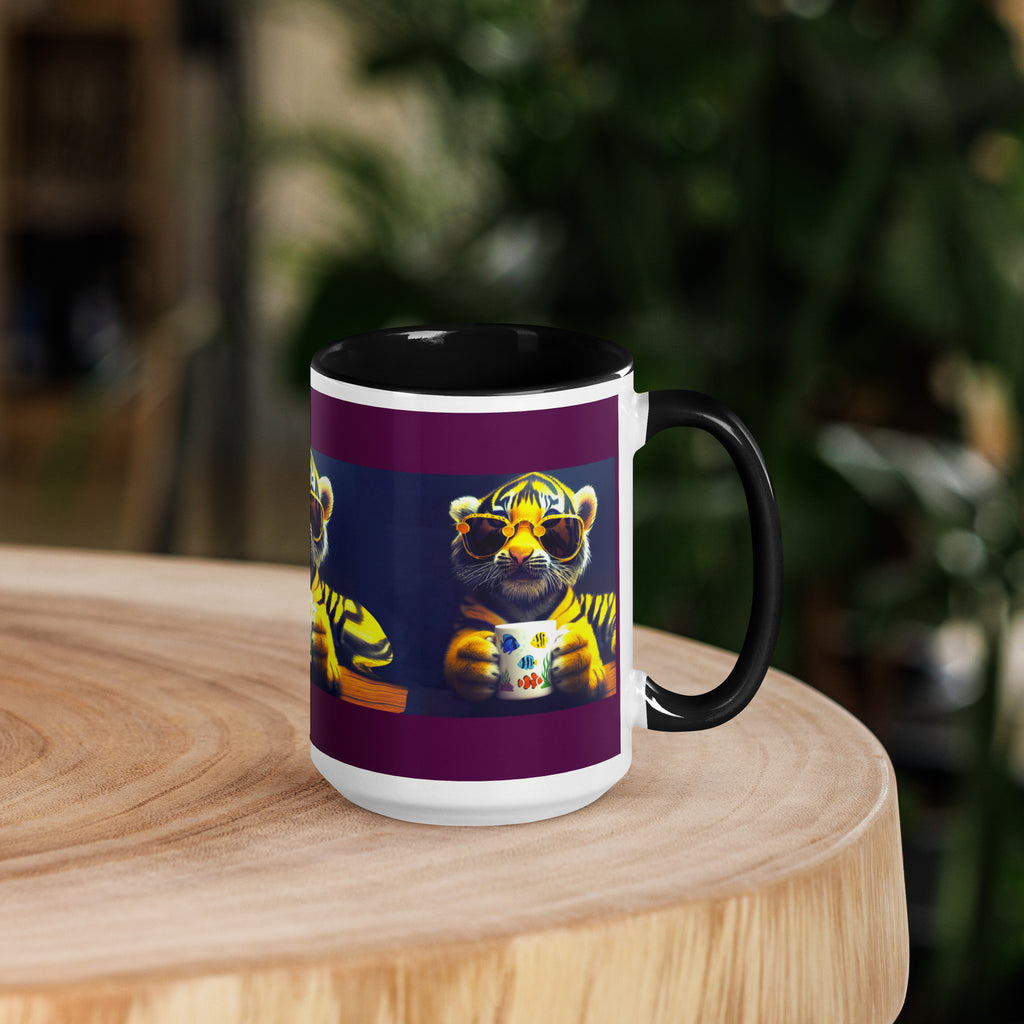 Premium White Ceramic - Black Inside-  Cool Tiger Coffee Mug - Tiger with Fish Mug Black & Purple - 15 oz -right view