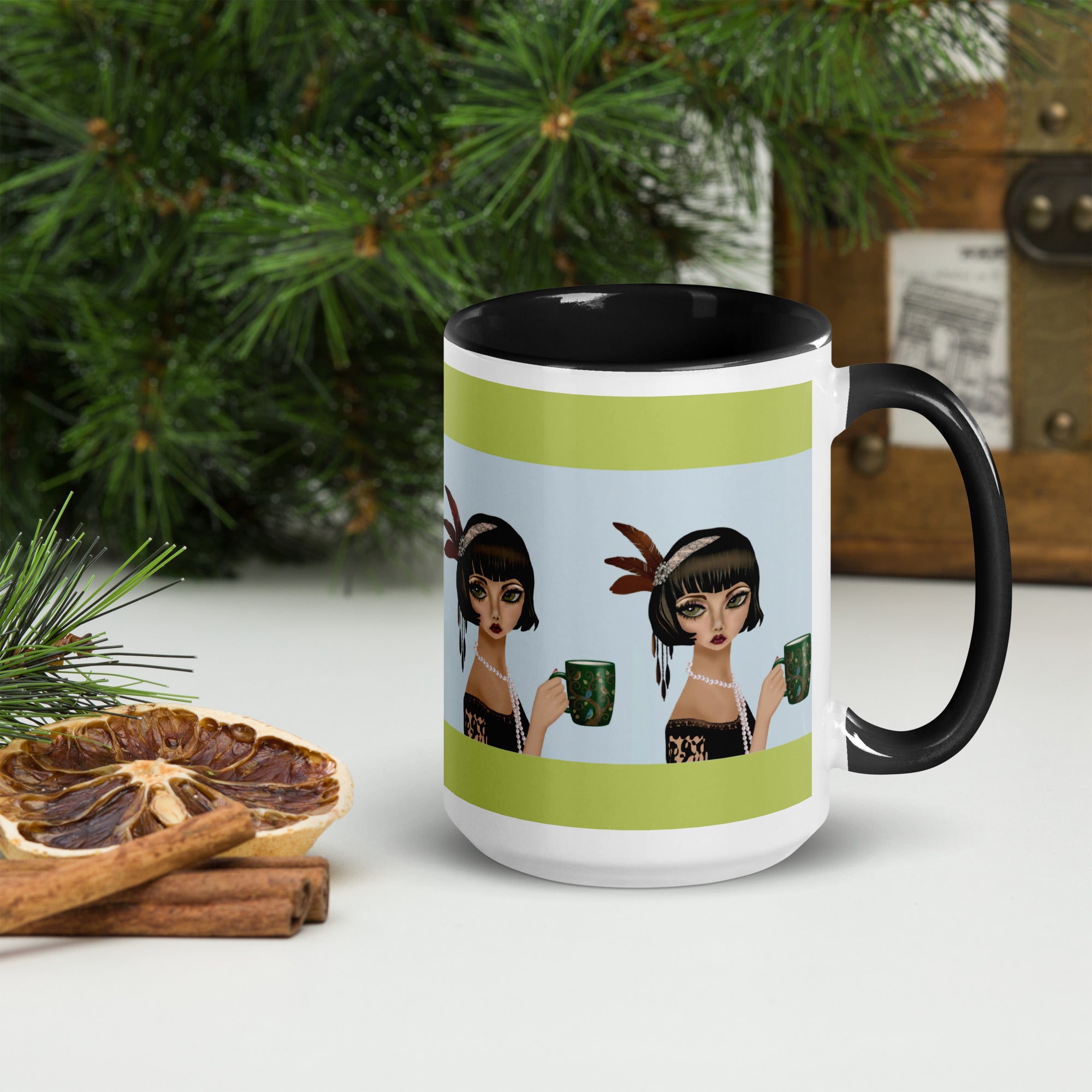 Premium White Ceramic - Black interior-  Coffee Companions Mug - Vintage Art Deco Black & Lime -15-oz  left view