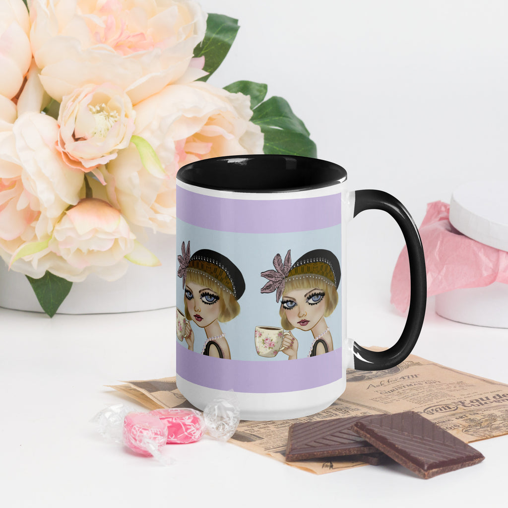 Premium White Ceramic - Black Inside-Lavender Dreams Mug - Vintage 1920s Flapper Purple & Blue - 15-oz right view