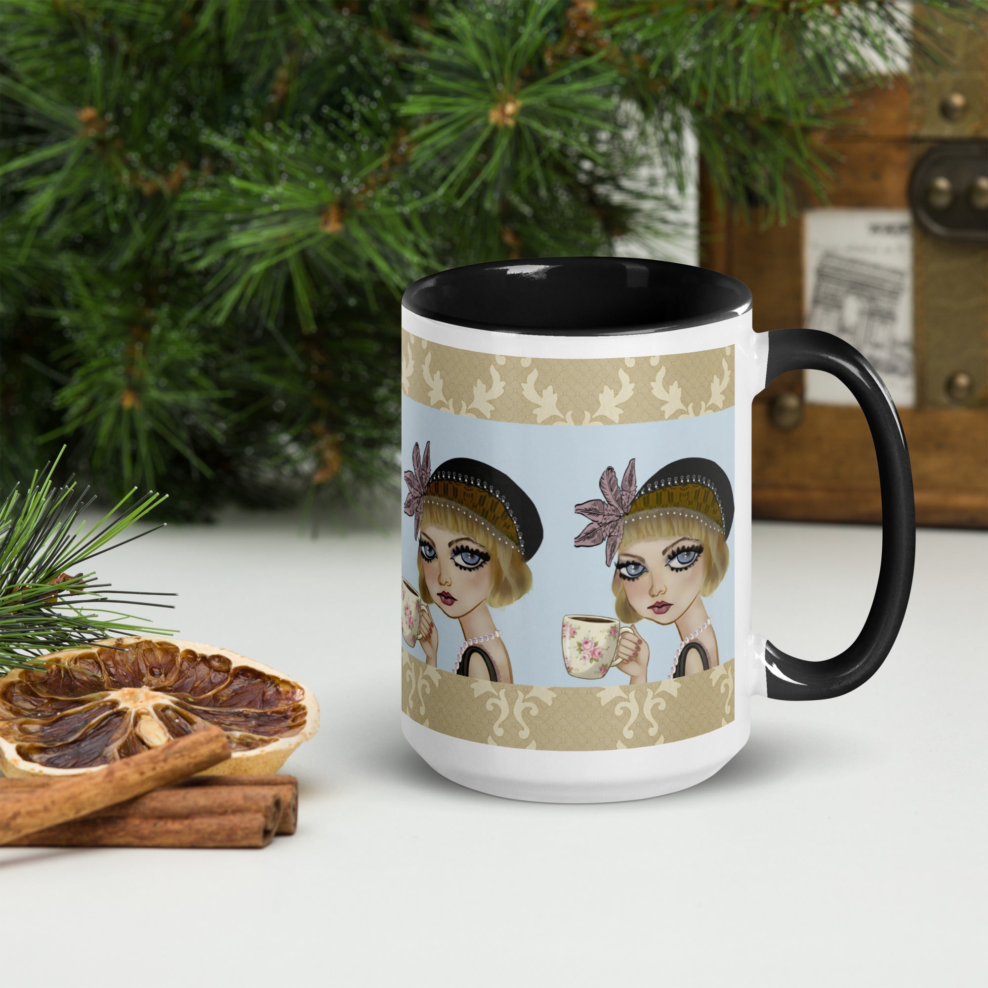 Premium White Ceramic - Black Inside-Lavender Dreams Mug - Vintage 1920s Flapper Purple & Blue - 15-oz right view