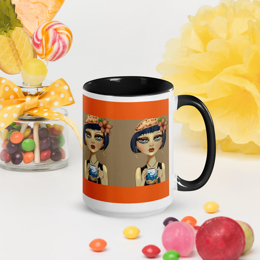 Premium White Ceramic - Black Inside- Flapper Chic Mug - Vintage 1920s Orange & Black - 11-oz right view