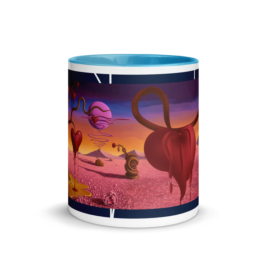 Premium White eramic with color inside- Surreal Heart Dreamscape Mug - Melting Hearts Art | Valentine's Gift-blue color inside -11-oz-front