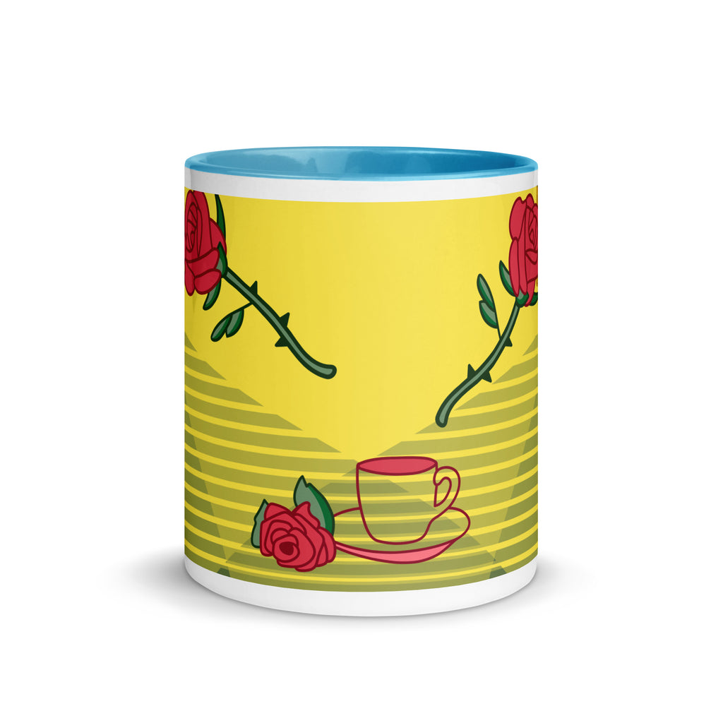 Day of the Dead Ceramic Mug-Blue Interior  -  Yellow design background with three red roses and a coffee  cup-11-oz-front