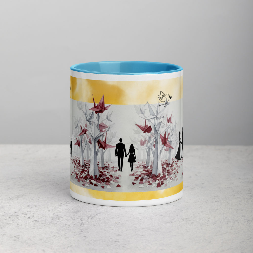 Premium White Ceramic - Romantic Origami Cranes Mug - Light Blue Interior Love Mug - 11-oz-left