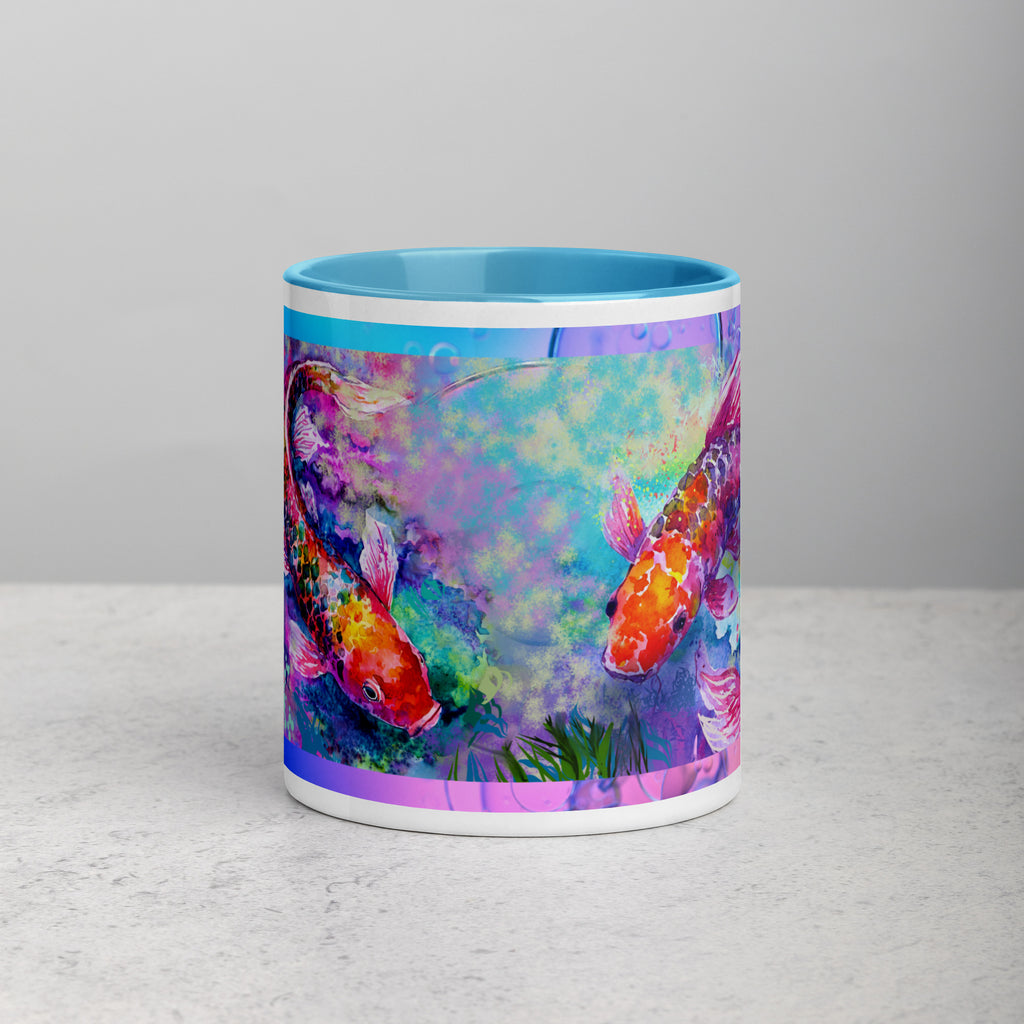 Premium White Ceramic -   Watercolor Koi Fish Mug with blue inside -11 oz- front view