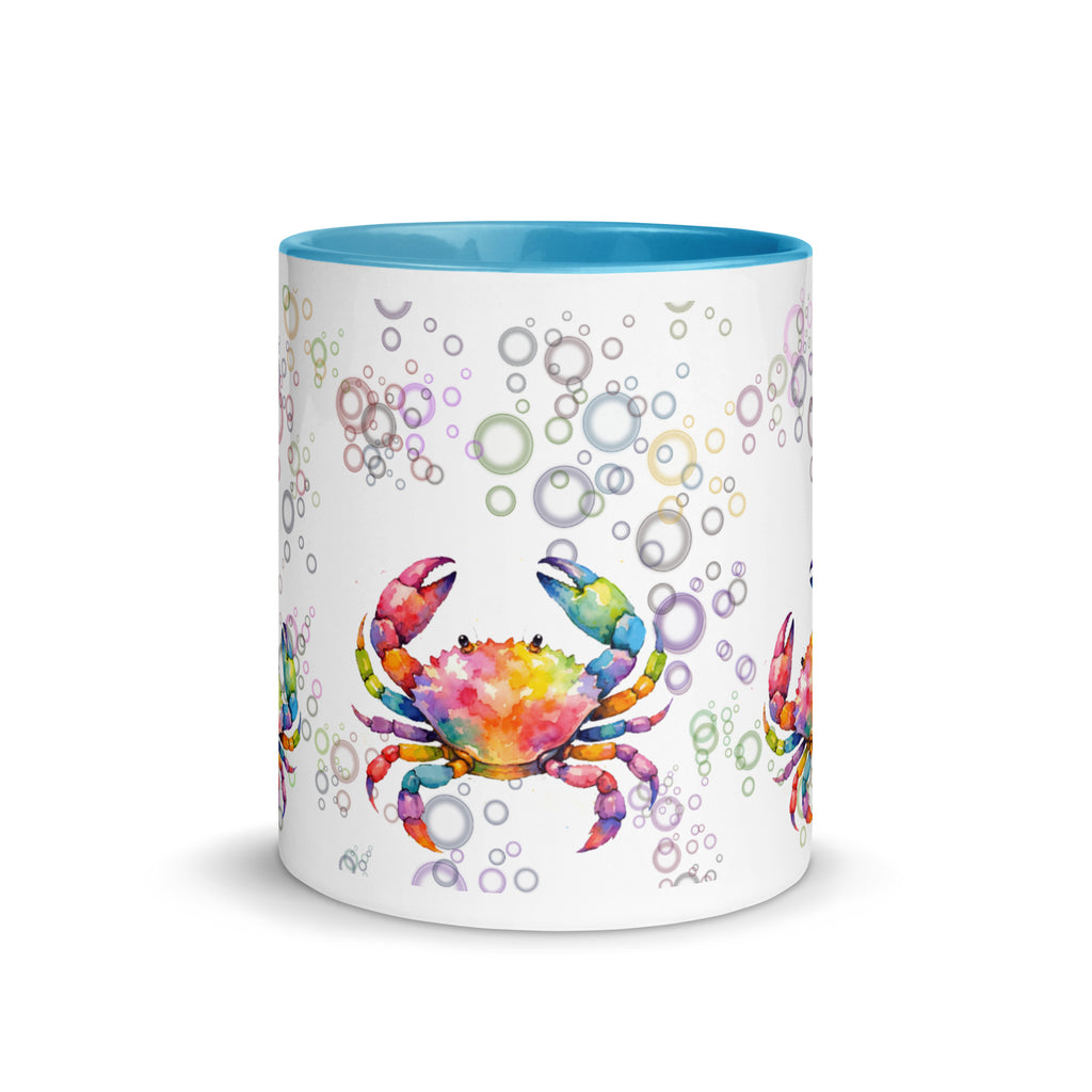 Premium White Ceramic -   Rainbow Crab Mug - Watercolor Ocean Crabs Sky Blue - 11 oz - front view