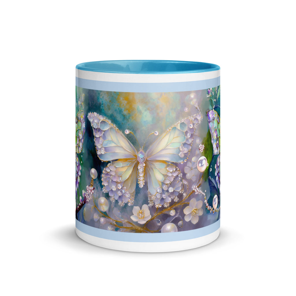Premium White Ceramic -  Jeweled Butterfly Mug - Blue Interior Elegant Ceramic Mug -11-oz-front