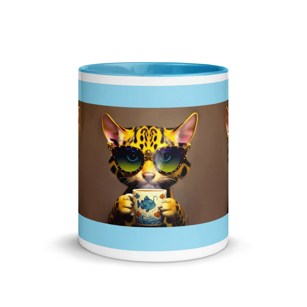 Premium White Ceramic -Blue Inside-   Cool Bengal Cat Coffee Mug - Cat with Fish Mug Sky Blue -11 oz - front view
