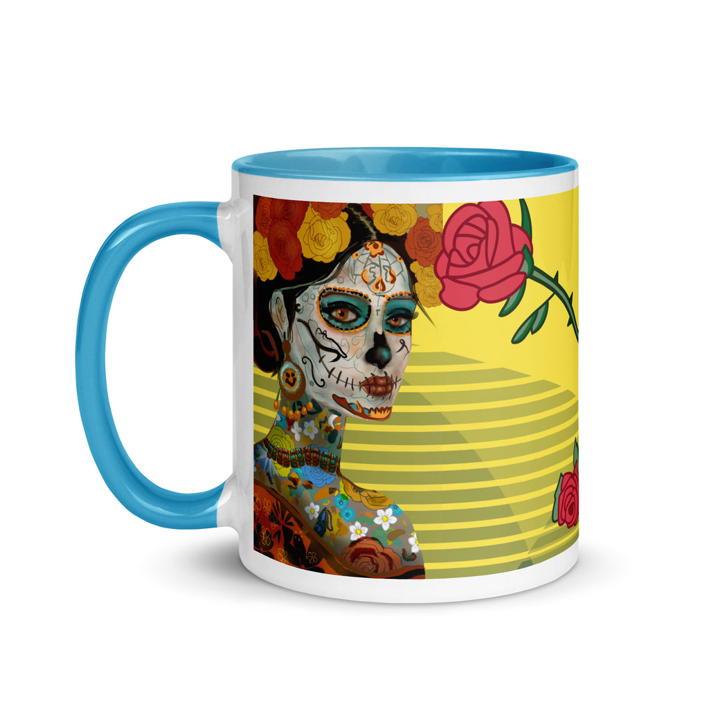 Day of the Dead Ceramic Mug-Blue Interior  -  Día de los Muertos Sugar Skull Ceramic coffee Mug -Yellow design with red and yellow roses and a woman with a sugar skull painted face -11-oz-left