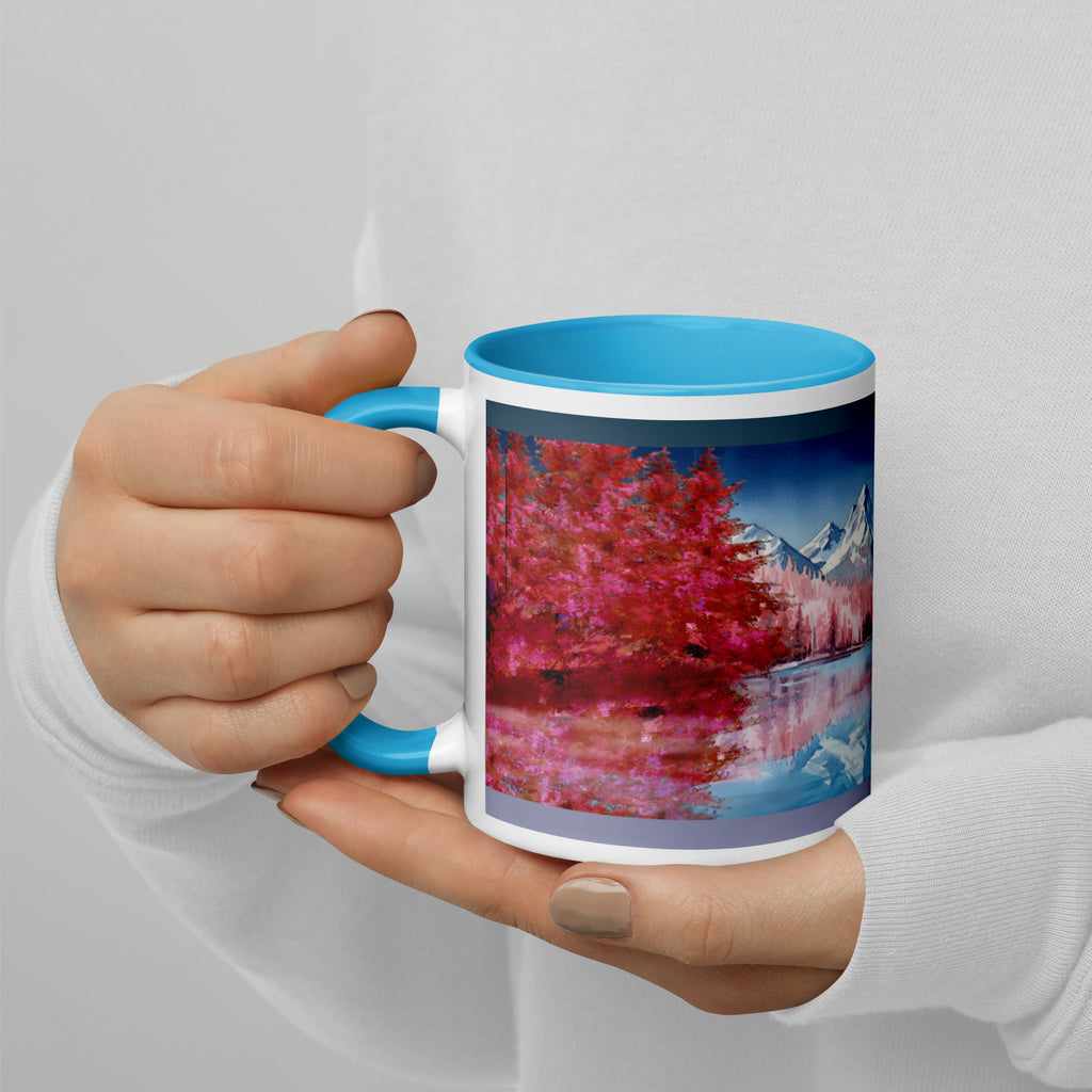 Premium White Ceramic -Mountain Lake Reflection Mug - Blue Interior Nature Mug -11 oz - left