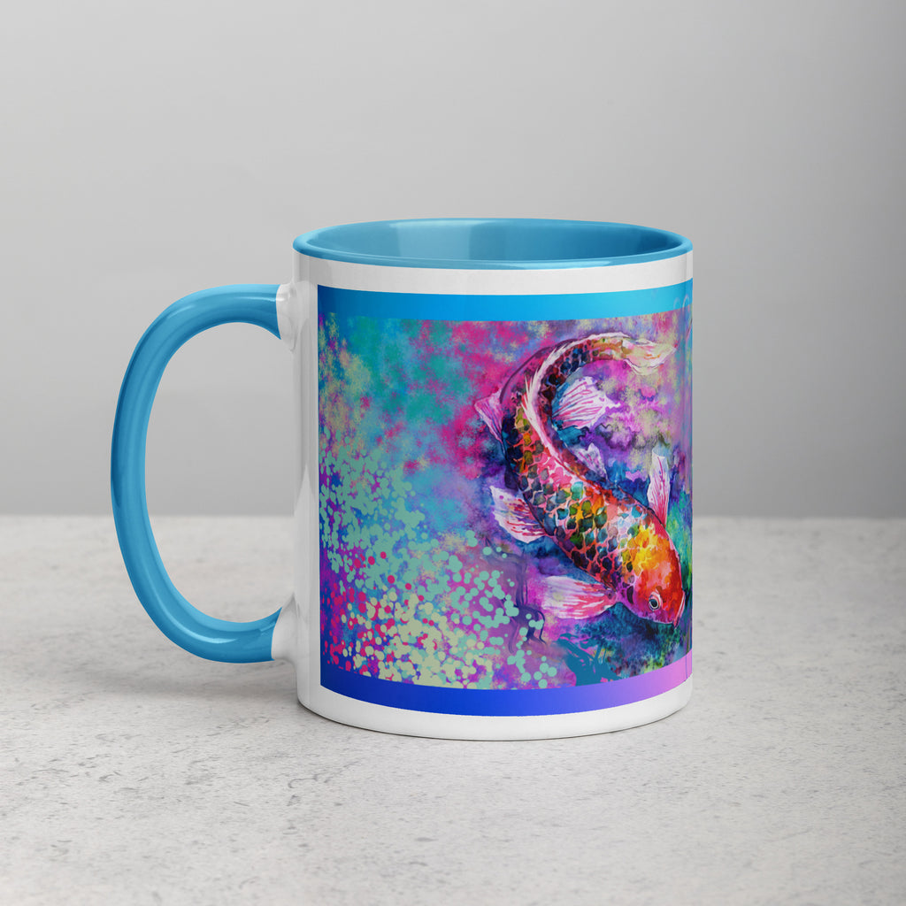 Premium White Ceramic -   Watercolor Koi Fish Mug with blue inside -11 oz- left view