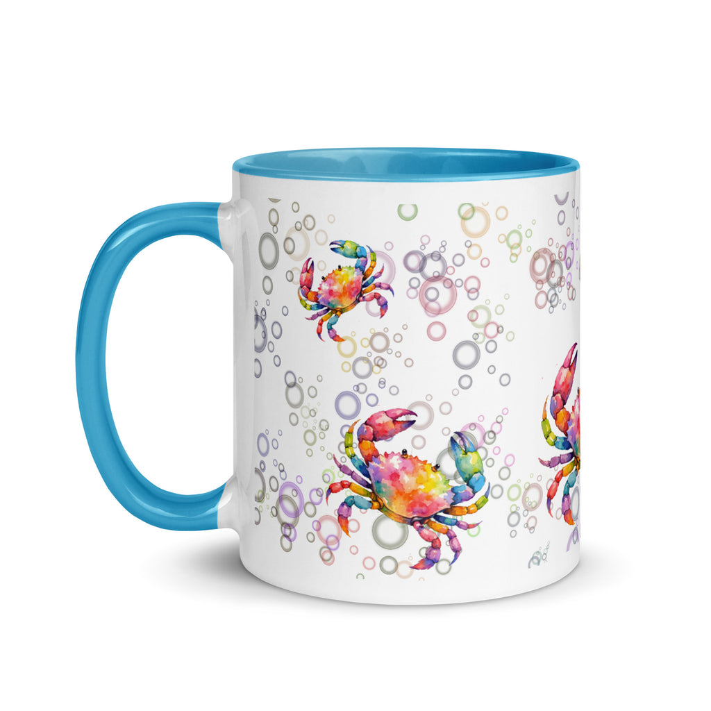 Premium White Ceramic -   Rainbow Crab Mug - Watercolor Ocean Crabs Sky Blue - 11 oz - left view