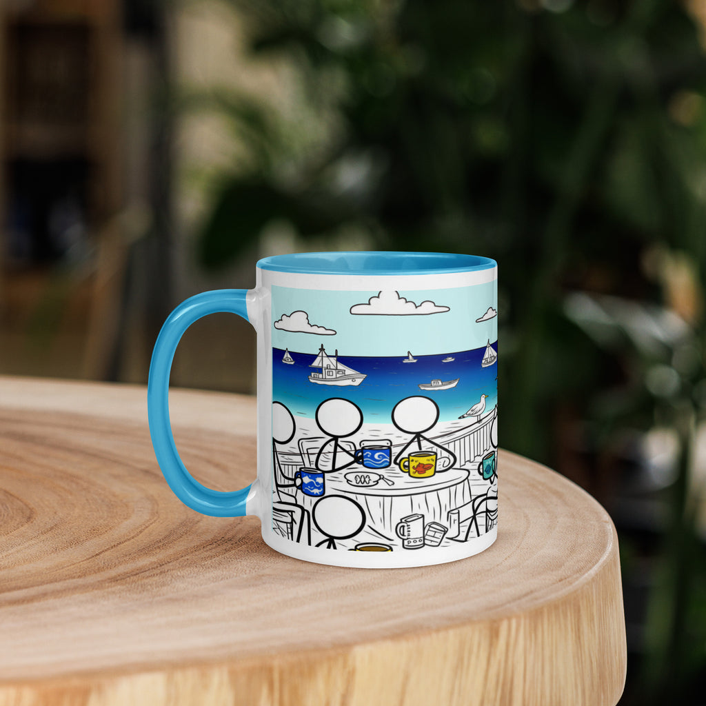 Premium White Ceramic -   Seaside Café Mug with Color Inside - Sky Blue - 11oz - front view