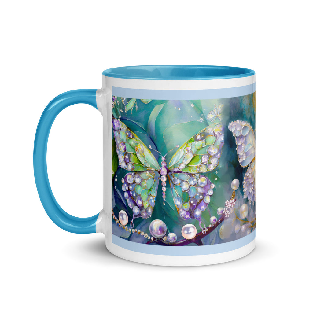Premium White Ceramic -  Jeweled Butterfly Mug - Blue Interior Elegant Ceramic Mug -11-oz-left