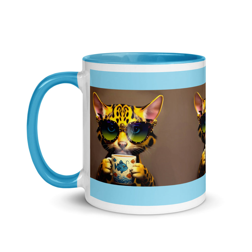 Premium White Ceramic -Blue Inside-   Cool Bengal Cat Coffee Mug - Cat with Fish Mug Sky Blue -11 oz - left view