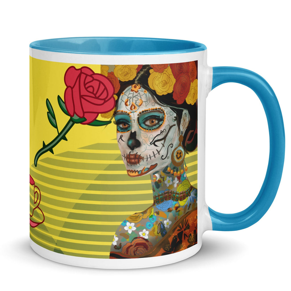 Day of the Dead Ceramic Mug-Blue Interior  -  Día de los Muertos Sugar Skull Ceramic coffee Mug -Yellow design with red and yellow roses and a woman with a sugar skull painted face -11-oz-right