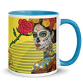 Day of the Dead Ceramic Mug-Blue Interior  -  Día de los Muertos Sugar Skull Ceramic coffee Mug -Yellow design with red and yellow roses and a woman with a sugar skull painted face -11-oz-right