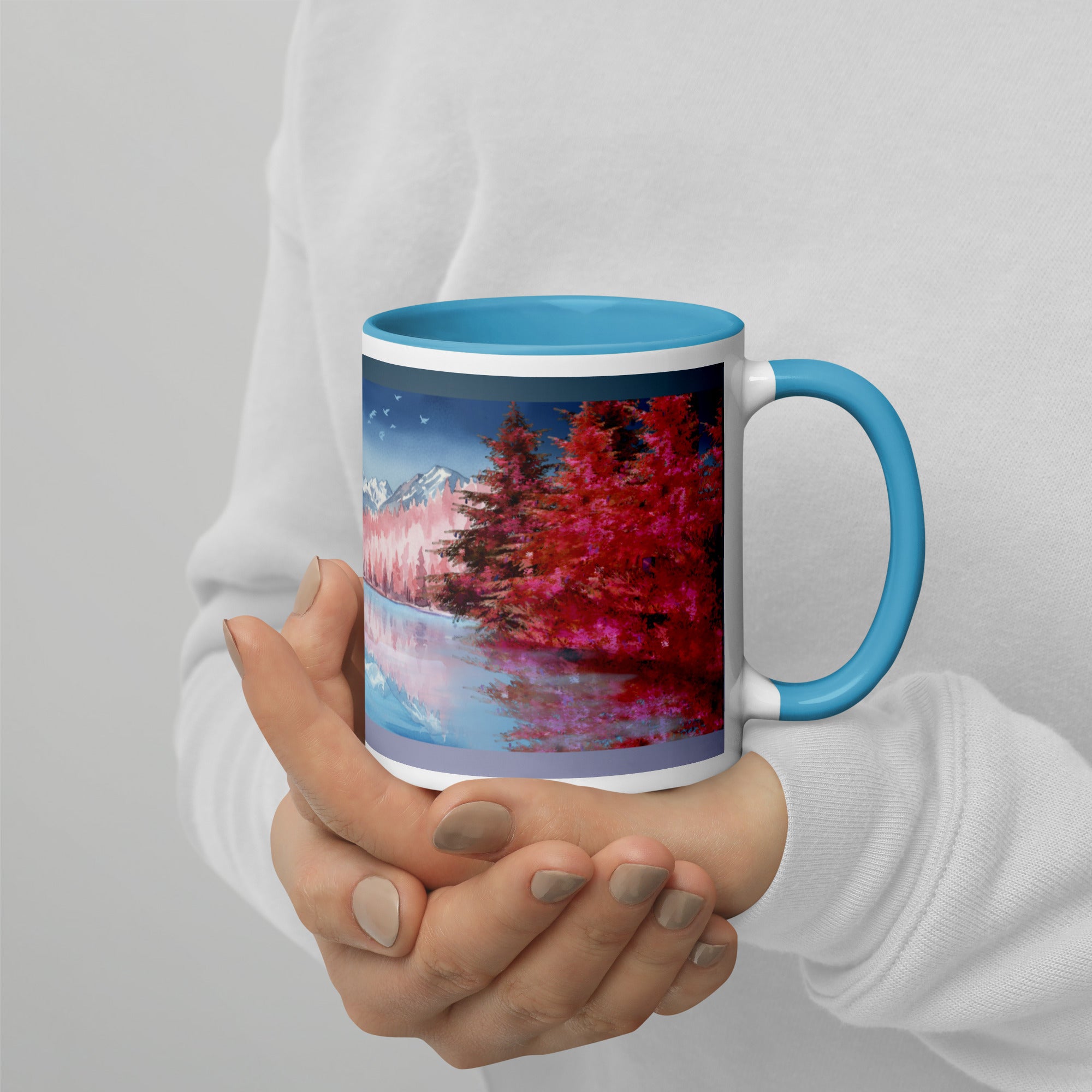 Premium White Ceramic -Mountain Lake Reflection Mug - Blue Interior Nature Mug -11 oz - right
