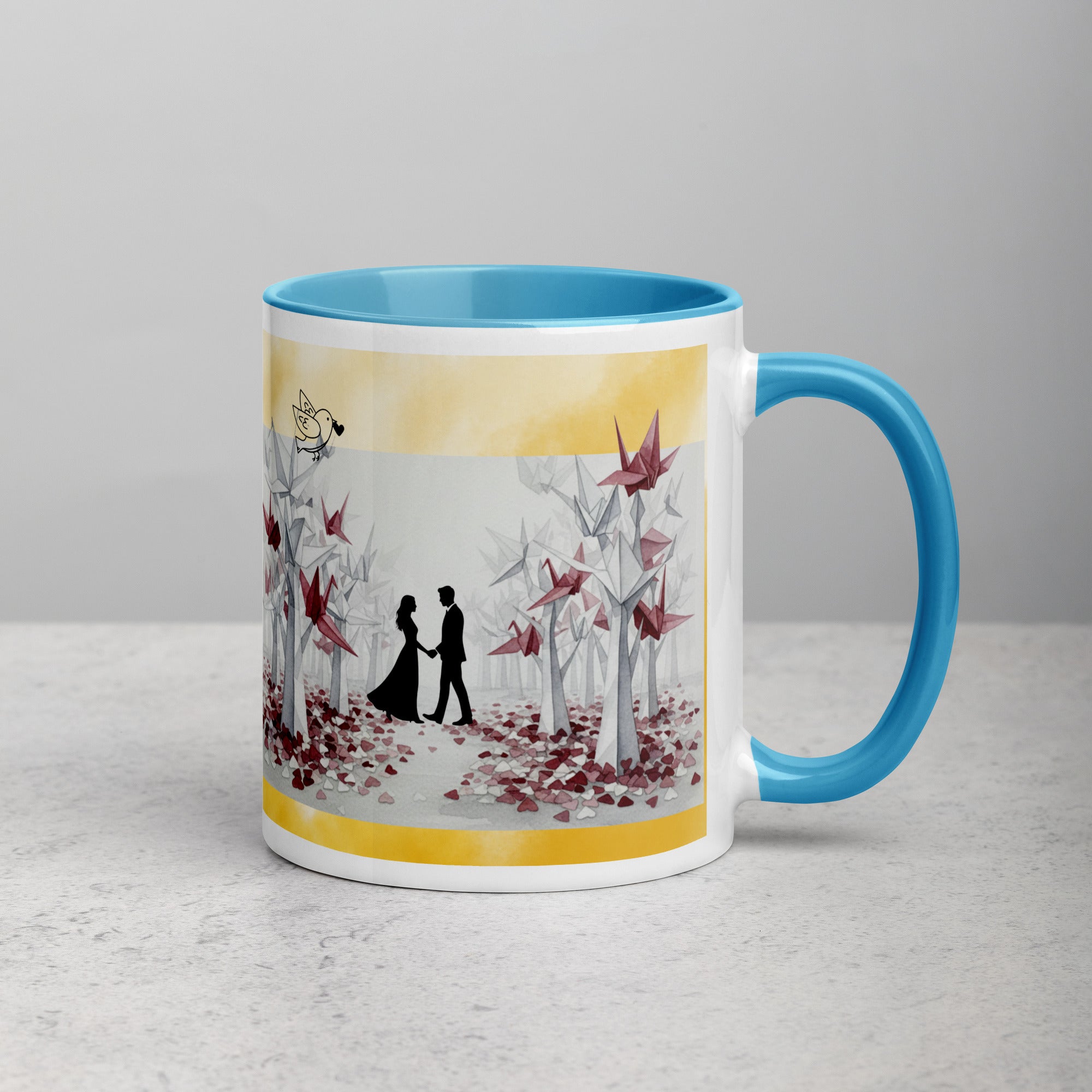 Premium White Ceramic - Romantic Origami Cranes Mug - Light Blue Interior Love Mug - 11-oz-right