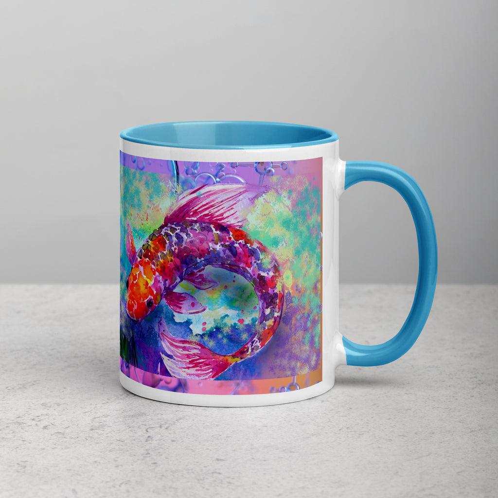 Premium White Ceramic -   Watercolor Koi Fish Mug with blue inside -11 oz- right view