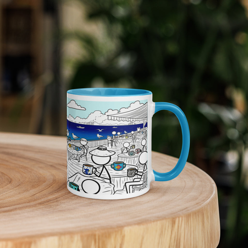Premium White Ceramic -  Seaside Café Mug with Color Inside - Sky Blue - 11oz - right view
