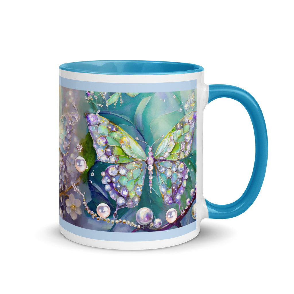 Premium White Ceramic -  Jeweled Butterfly Mug - Blue Interior Elegant Ceramic Mug -11-oz-right