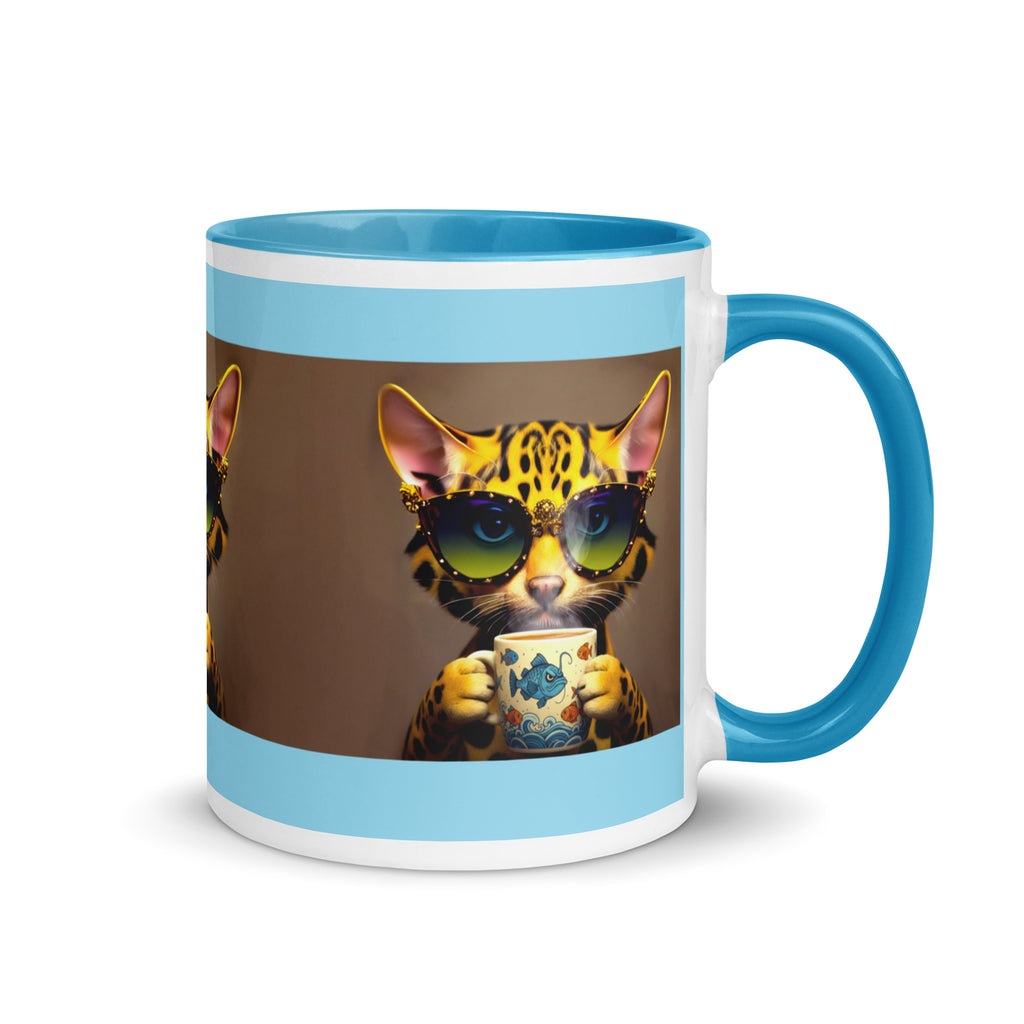 Premium White Ceramic -Blue Inside-   Cool Bengal Cat Coffee Mug - Cat with Fish Mug Sky Blue -11 oz - right view