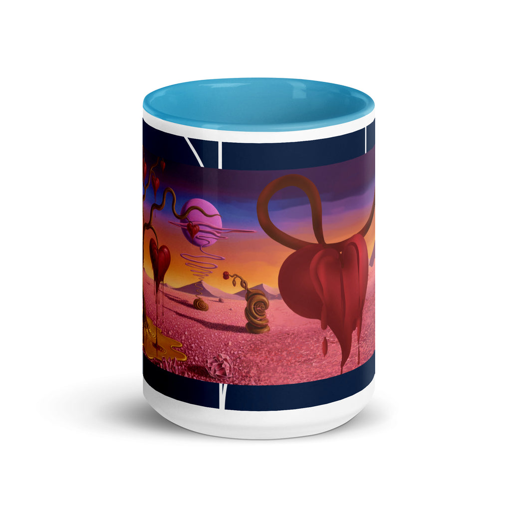 Premium White eramic with color inside- Surreal Heart Dreamscape Mug - Melting Hearts Art | Valentine's Gift-blue color inside-15-oz-front