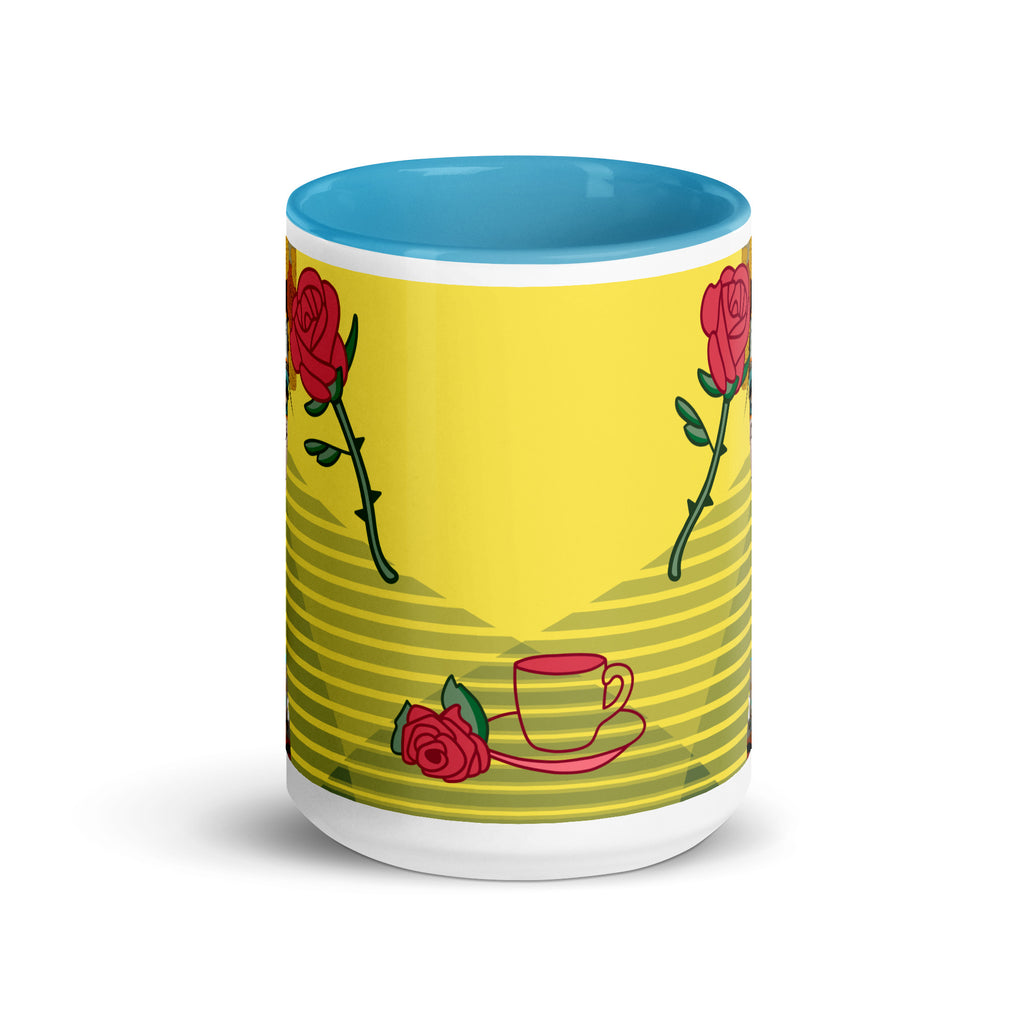 Day of the Dead Ceramic Mug-Blue Interior  -  Día de los Muertos Sugar Skull Ceramic coffee Mug -Yellow design with red roses and a cup of coffee -15-oz-front