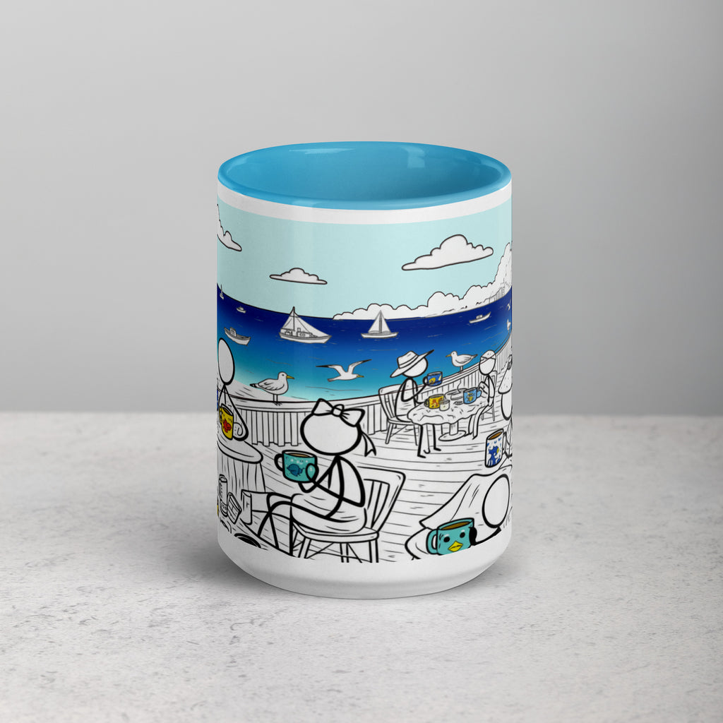 Premium White Ceramic -  Seaside Café Mug with Color Inside - Sky Blue - 15 oz - front view