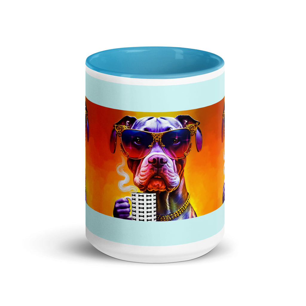 Premium Ceramic blue interior- Cool Pitbull Bone Mug - Dog with Designer Sunglasses  holding a bone mug - front view 15 oz