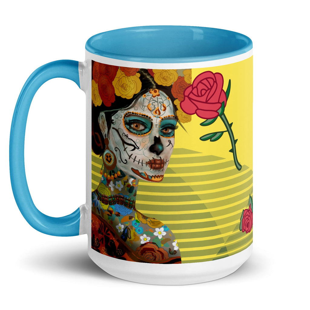 Day of the Dead Ceramic Mug-Blue Interior  -  Día de los Muertos Sugar Skull Ceramic coffee Mug -Yellow design with red and yellow roses and a woman with a sugar skull painted face -15-oz-left