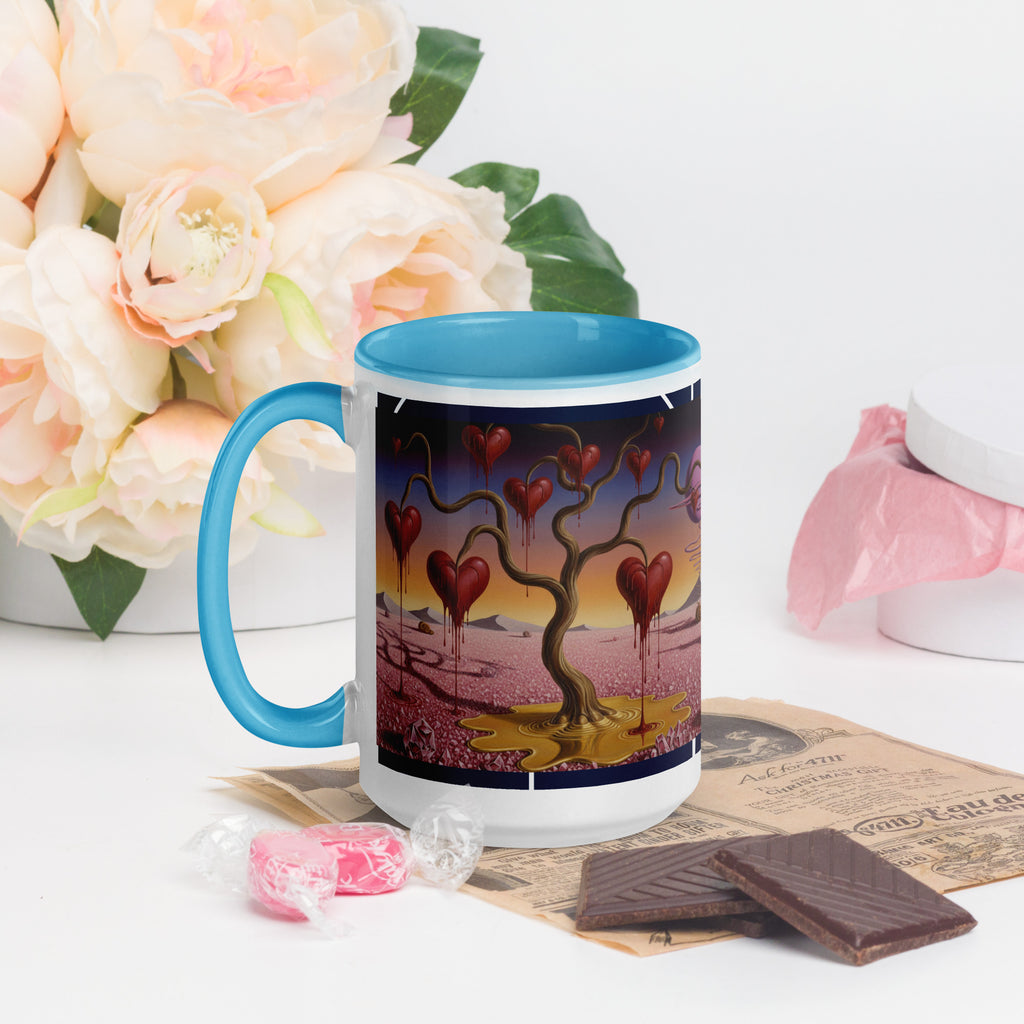 Premium White eramic with color inside- Surreal Heart Dreamscape Mug - Melting Hearts Art | Valentine's Gift-blue color inside-15-oz-left