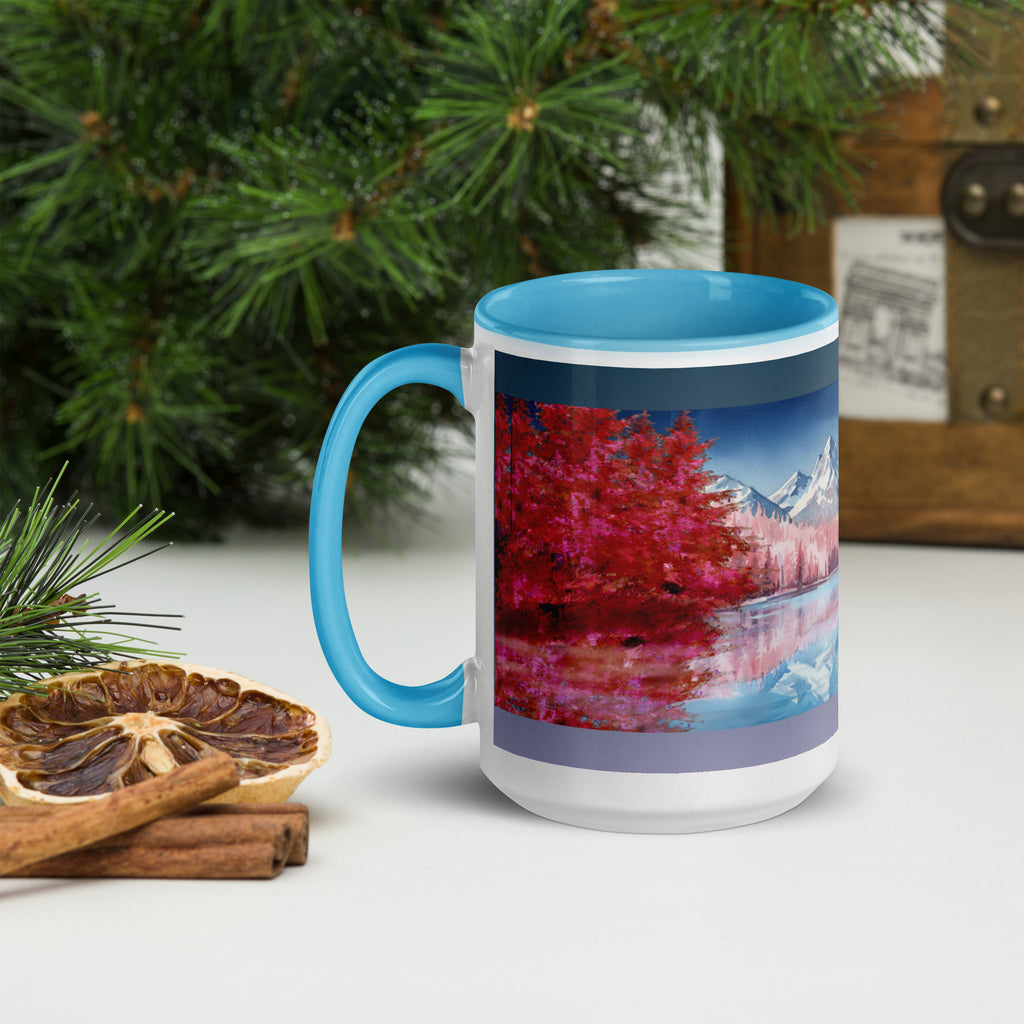 Premium White Ceramic -Mountain Lake Reflection Mug - Blue Interior Nature Mug -15 oz - left