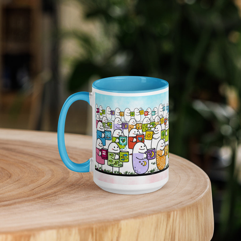 Premium White Ceramic - Mug Party Characters Mug - Blue Interior Cute Coffee Mug - 15 - oz - left
