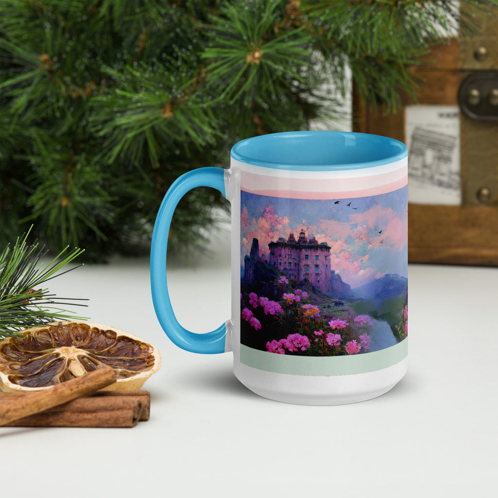 Premium White Ceramic -  Enchanted Castle at Twilight Mug - Blue Ceramic Fantasy Mug-15-oz-left