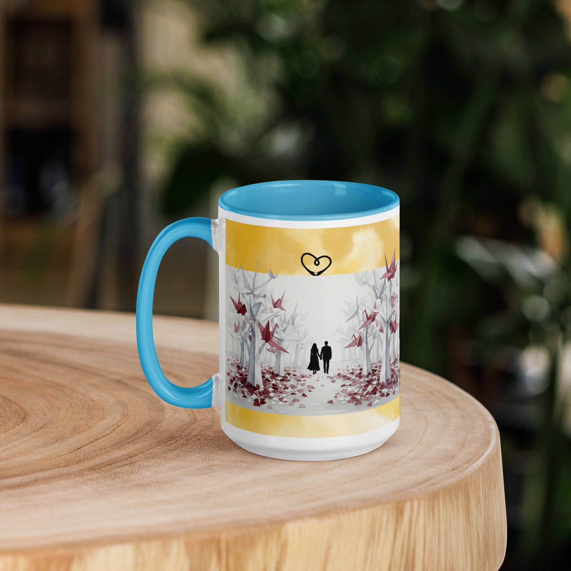 Premium White Ceramic - Romantic Origami Cranes Mug - Light Blue Interior Love Mug - 15-oz-left