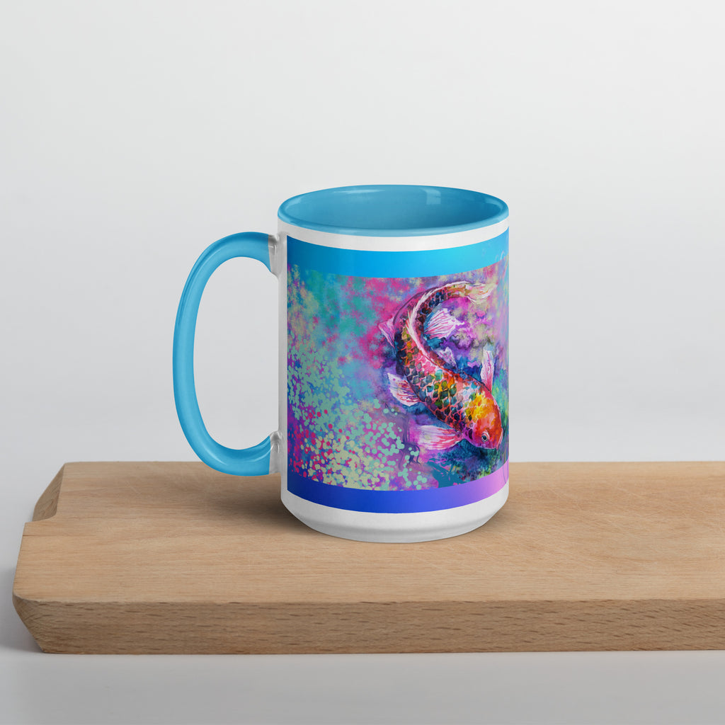 Premium White Ceramic -   Watercolor Koi Fish Mug with blue inside -15 oz- left view