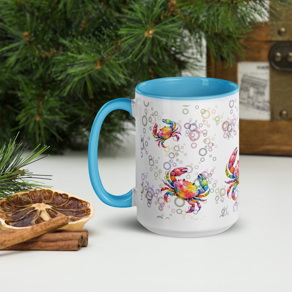 Premium White Ceramic -   Rainbow Crab Mug - Watercolor Ocean Crabs Sky Blue - 11 oz - left view