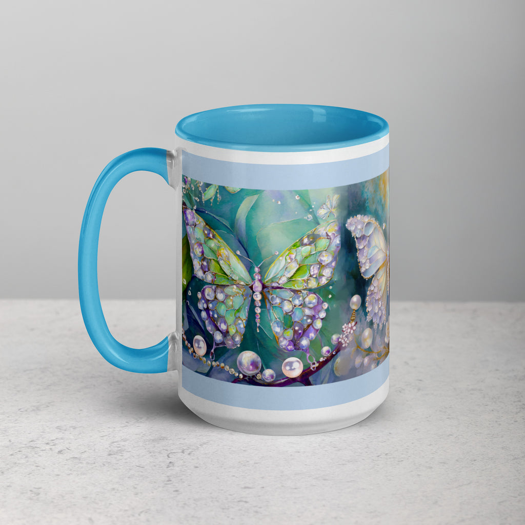 Premium White Ceramic -  Jeweled Butterfly Mug - Blue Interior Elegant Ceramic Mug -15-oz-left