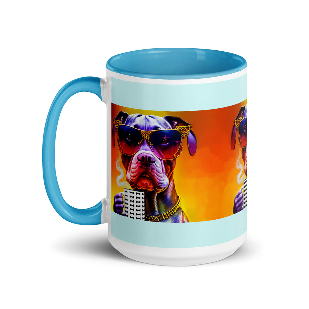 Premium Ceramic blue interior- Cool Pitbull Bone Mug - Dog with Designer Sunglasses  holding a bone mug - left view 15 oz