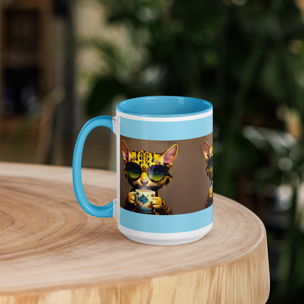 Premium White Ceramic -Blue Inside-   Cool Bengal Cat Coffee Mug - Cat with Fish Mug Sky Blue -15 oz - left view