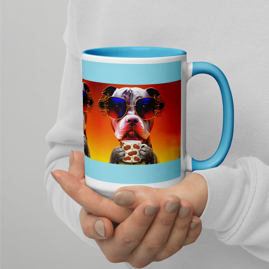 Premium Ceramic Blue interior- Cool Pitbull Steak Mug - Dog with Rainbow Sunglasses  holding a steak mug - right view 15 oz