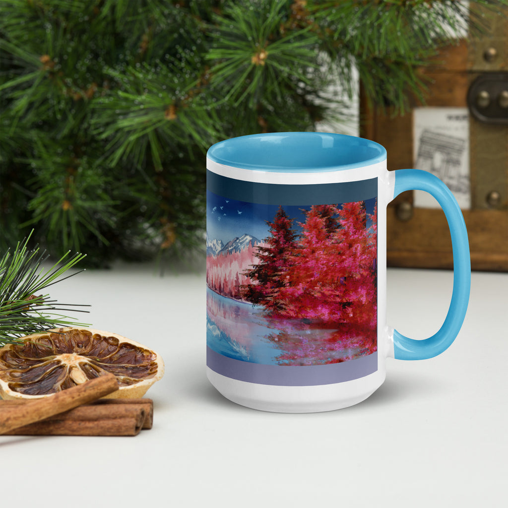 Premium White Ceramic -Mountain Lake Reflection Mug - Blue Interior Nature Mug -15 oz - right