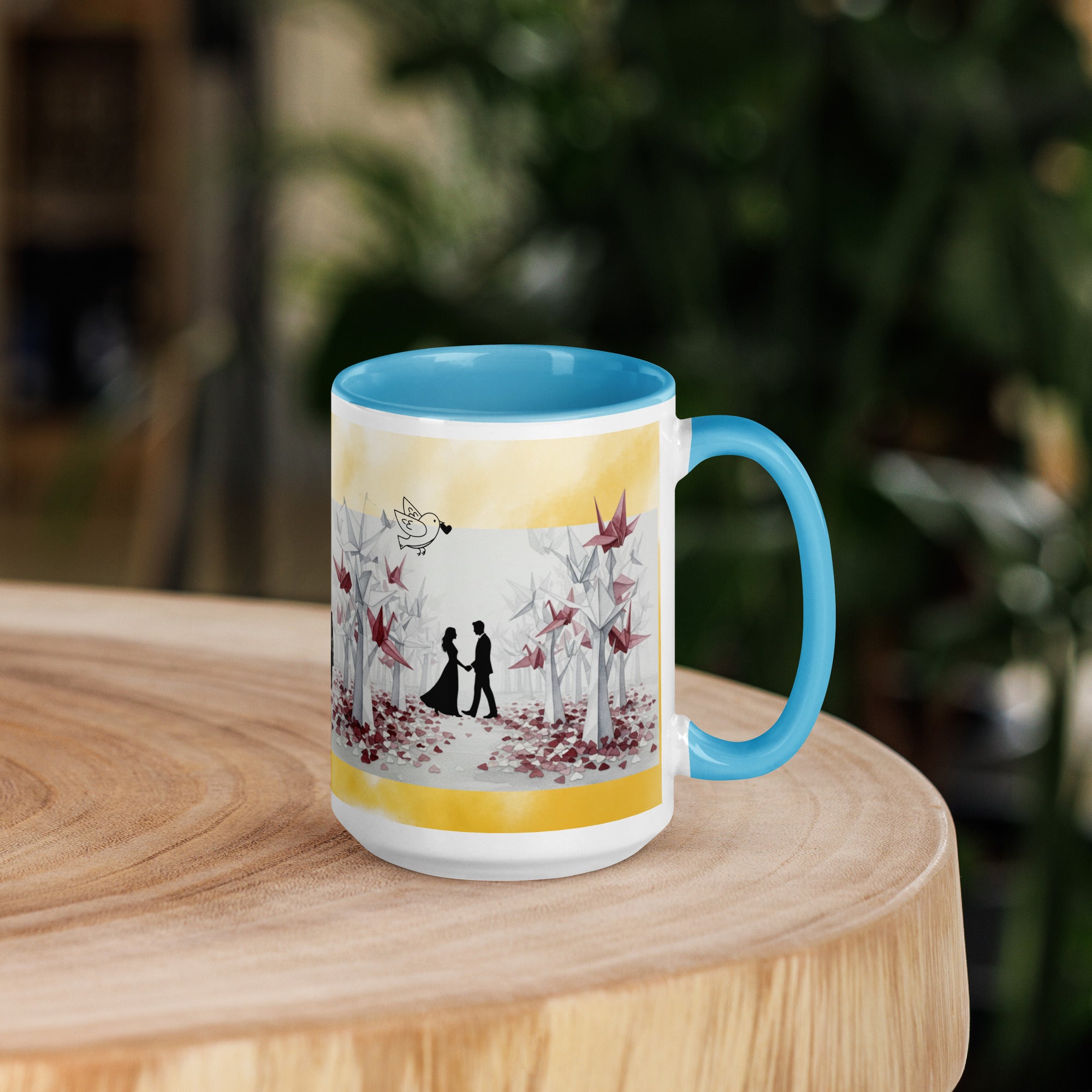 Premium White Ceramic - Romantic Origami Cranes Mug - Light Blue Interior Love Mug - 15-oz-right