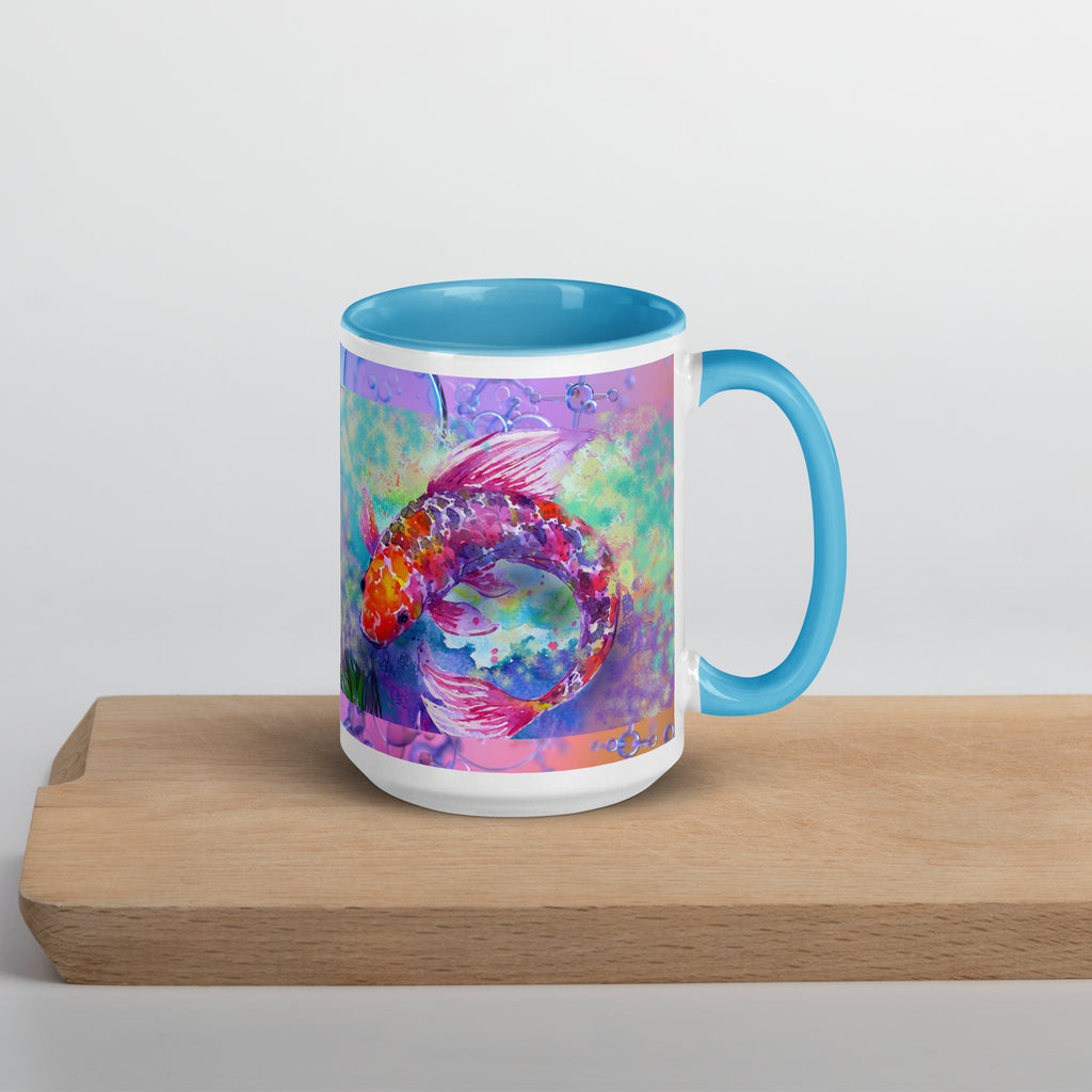 Premium White Ceramic -   Watercolor Koi Fish Mug with blue inside -15 oz- right view